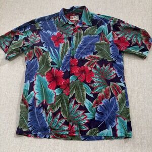 Vintage Hilo Hattie Hawaiian Shirt Mens Medium Tropical Floral Purple Blue Aloha